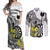 Personalised New Zealand Darts Couples Matching Off Shoulder Maxi Dress and Long Sleeve Button Shirt Kowhai Floral with Maori Tattoo