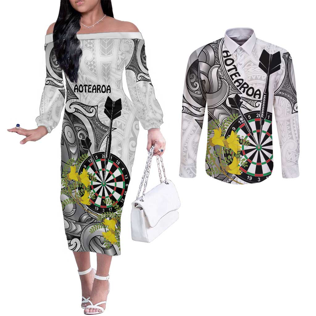 Personalised New Zealand Darts Couples Matching Off The Shoulder Long Sleeve Dress and Long Sleeve Button Shirt Kowhai Floral with Maori Tattoo