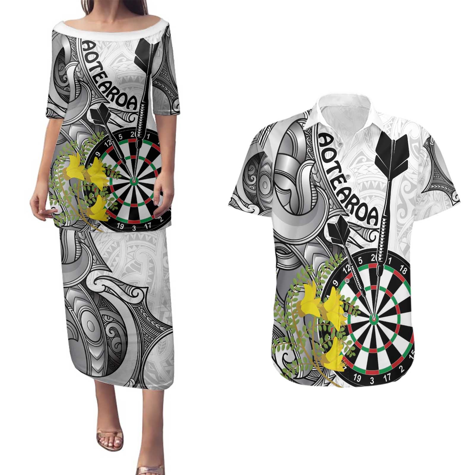 Personalised New Zealand Darts Couples Matching Puletasi and Hawaiian Shirt Kowhai Floral with Maori Tattoo