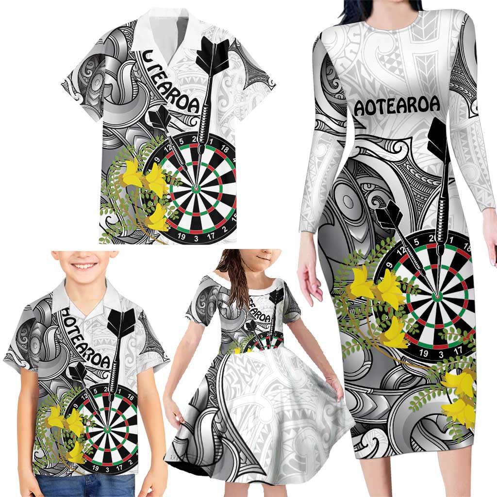 Personalised New Zealand Darts Family Matching Long Sleeve Bodycon Dress and Hawaiian Shirt Kowhai Floral with Maori Tattoo