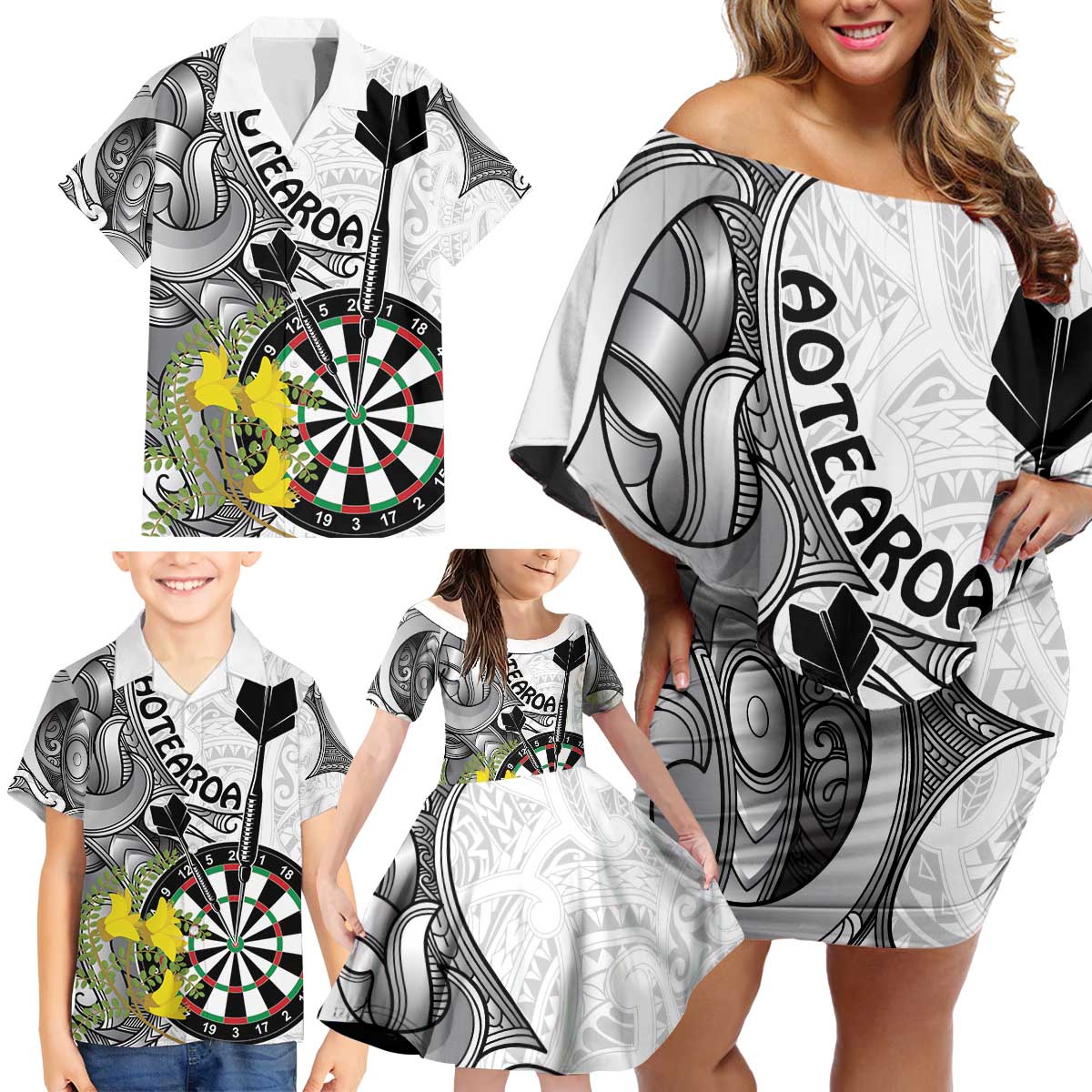 Personalised New Zealand Darts Family Matching Off Shoulder Short Dress and Hawaiian Shirt Kowhai Floral with Maori Tattoo