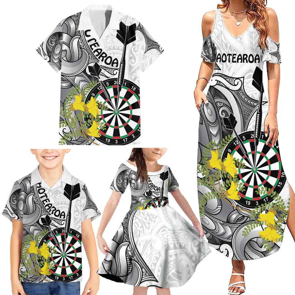 Personalised New Zealand Darts Family Matching Summer Maxi Dress and Hawaiian Shirt Kowhai Floral with Maori Tattoo