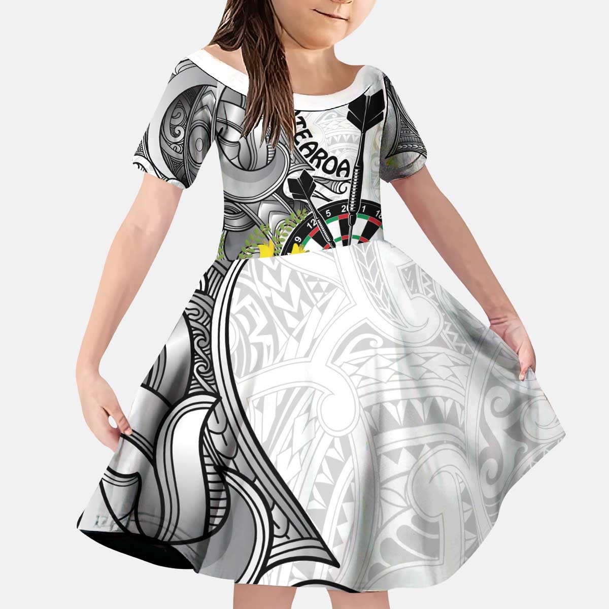 Personalised New Zealand Darts Kid Short Sleeve Dress Kowhai Floral with Maori Tattoo