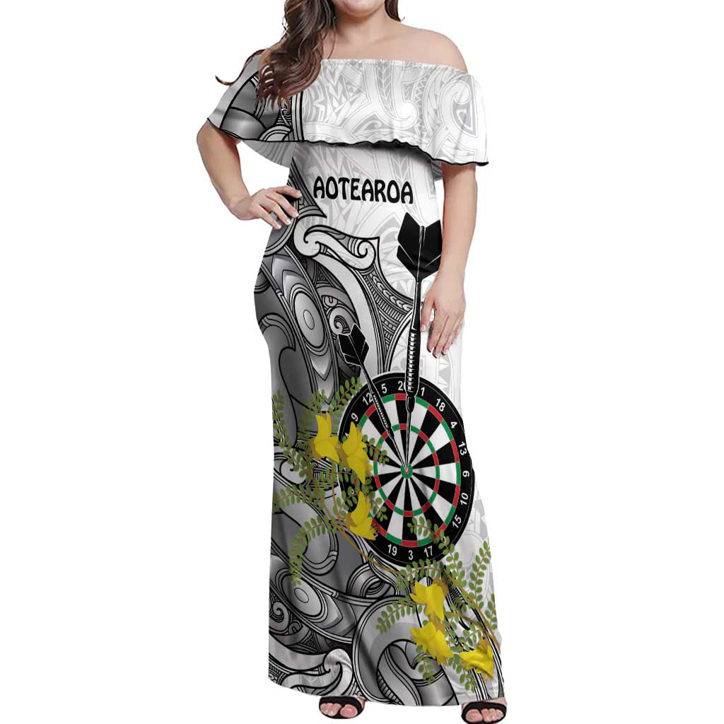 Personalised New Zealand Darts Off Shoulder Maxi Dress Kowhai Floral with Maori Tattoo