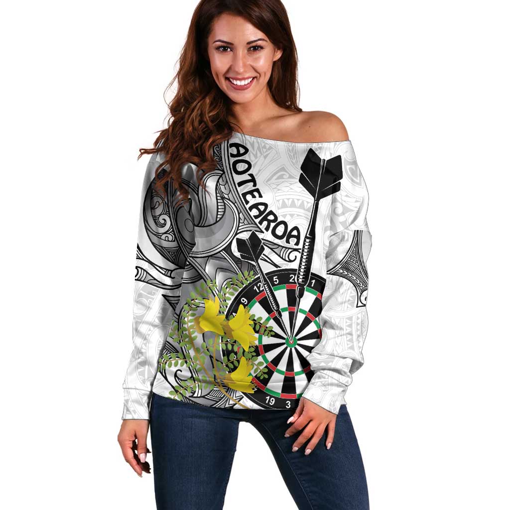 Personalised New Zealand Darts Off Shoulder Sweater Kowhai Floral with Maori Tattoo LT9 Women Black - Polynesian Pride