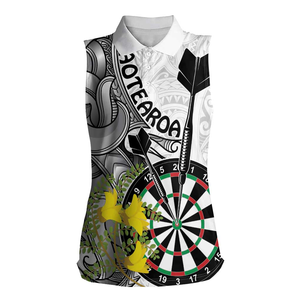 Personalised New Zealand Darts Women Sleeveless Polo Shirt Kowhai Floral with Maori Tattoo