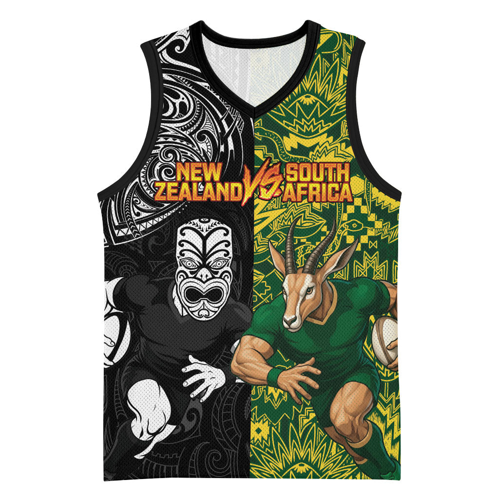 Custom New Zealand vs South Africa Basketball Jersey Rugby Rivalry Two Nations One Battle LT9 Unisex Multicolor - Polynesian Pride