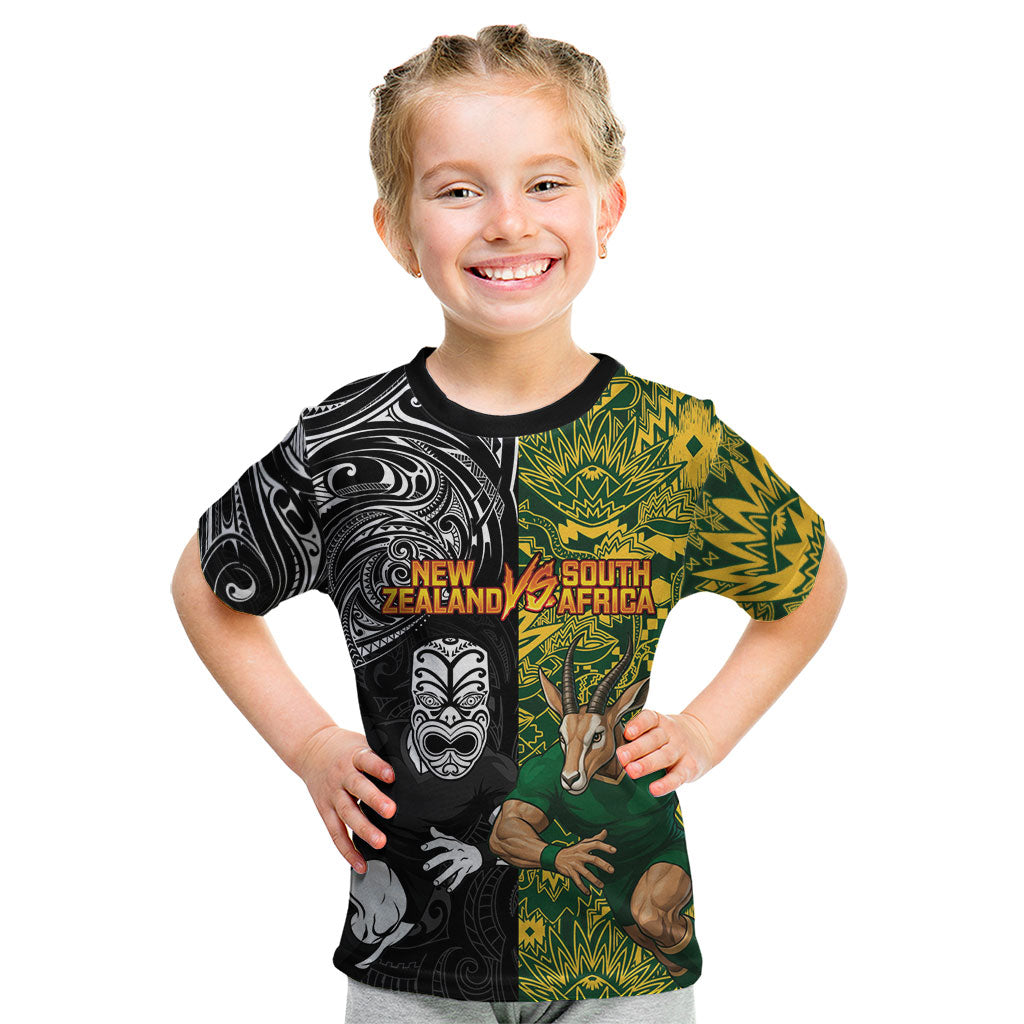 Custom New Zealand vs South Africa Kid T Shirt Rugby Rivalry Two Nations One Battle LT9 Multicolor - Polynesian Pride