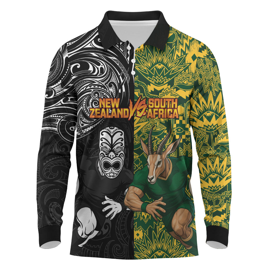 Custom New Zealand vs South Africa Long Sleeve Polo Shirt Rugby Rivalry Two Nations One Battle LT9 Multicolor - Polynesian Pride
