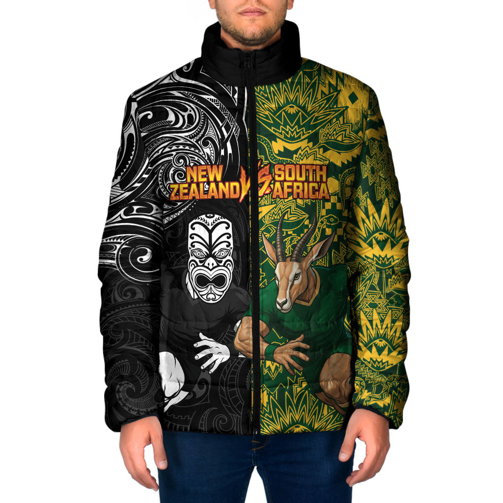 Custom New Zealand vs South Africa Padded Jacket Rugby Rivalry Two Nations One Battle LT9 Men Multicolor - Polynesian Pride