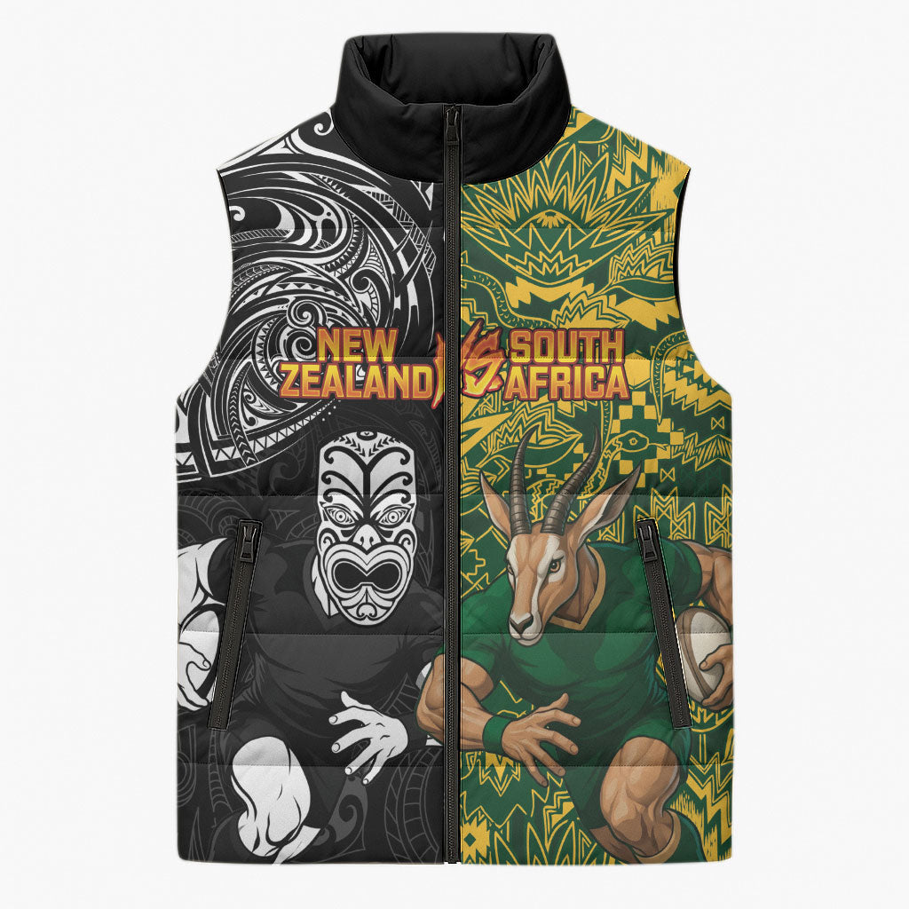 Custom New Zealand vs South Africa Sleeveless Puffer Jacket Rugby Rivalry Two Nations One Battle LT9 Unisex Multicolor - Polynesian Pride