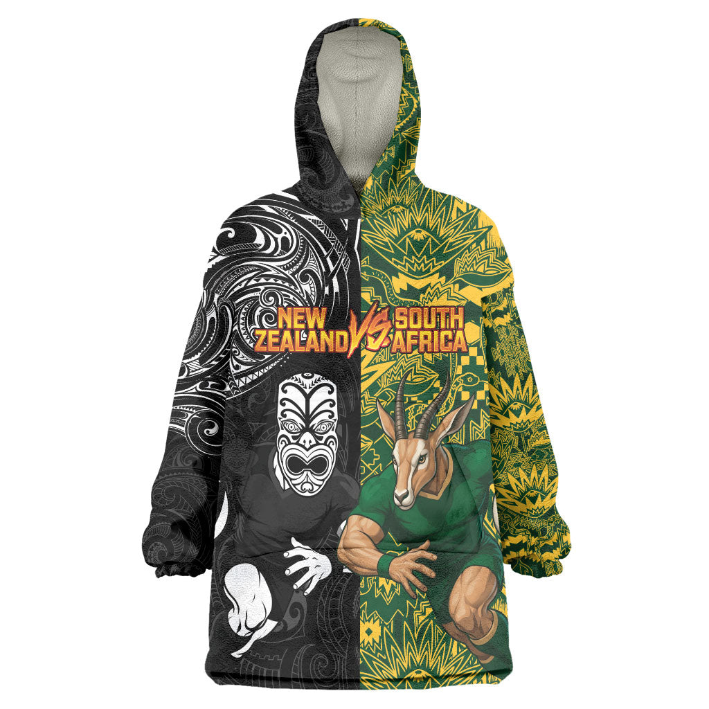 Custom New Zealand vs South Africa Wearable Blanket Hoodie Rugby Rivalry Two Nations One Battle LT9 One Size Multicolor - Polynesian Pride