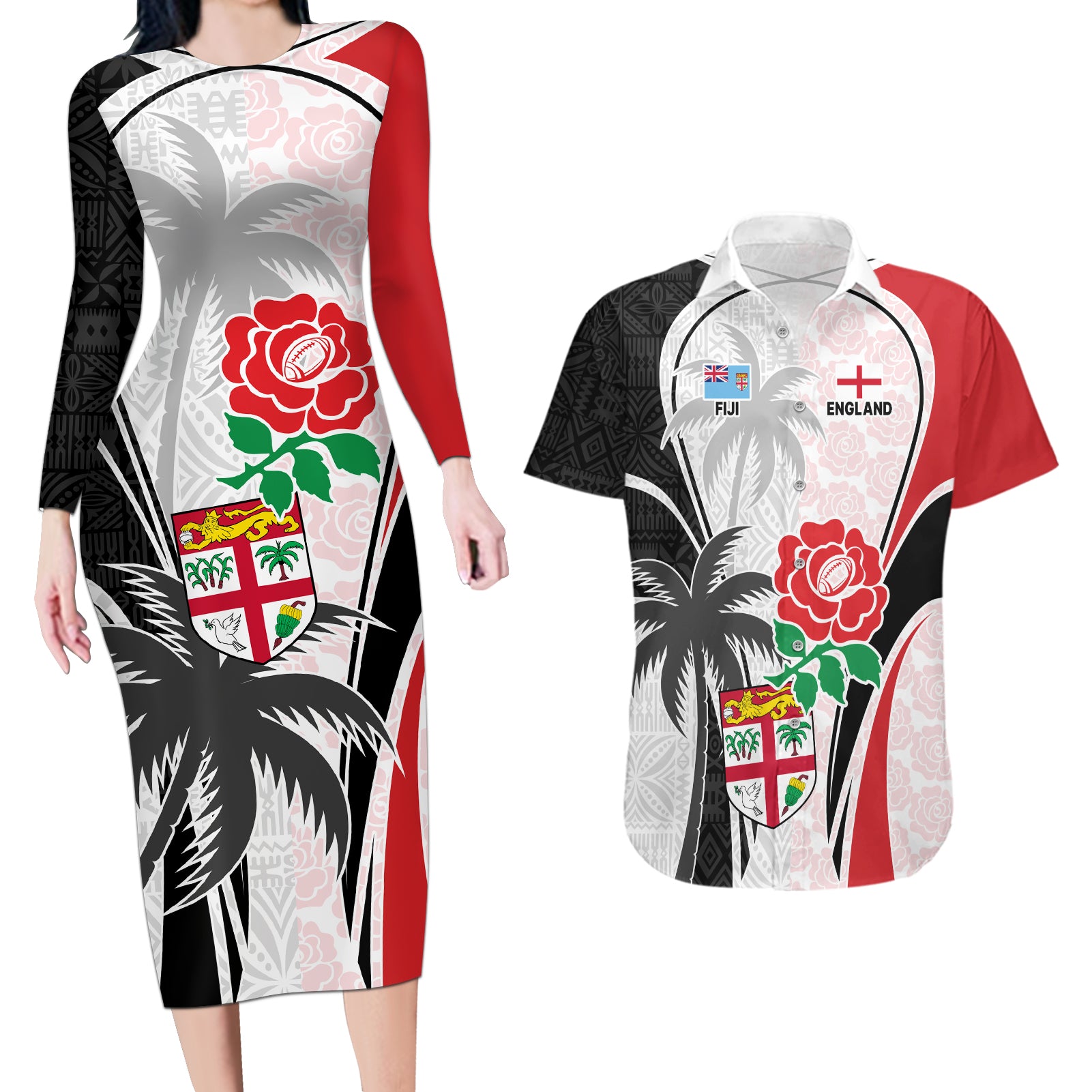 Custom Fiji England Rugby Couples Matching Long Sleeve Bodycon Dress and Hawaiian Shirt Tapa Pattern and Rose Flower World Cup 2023 LT9 White - Polynesian Pride