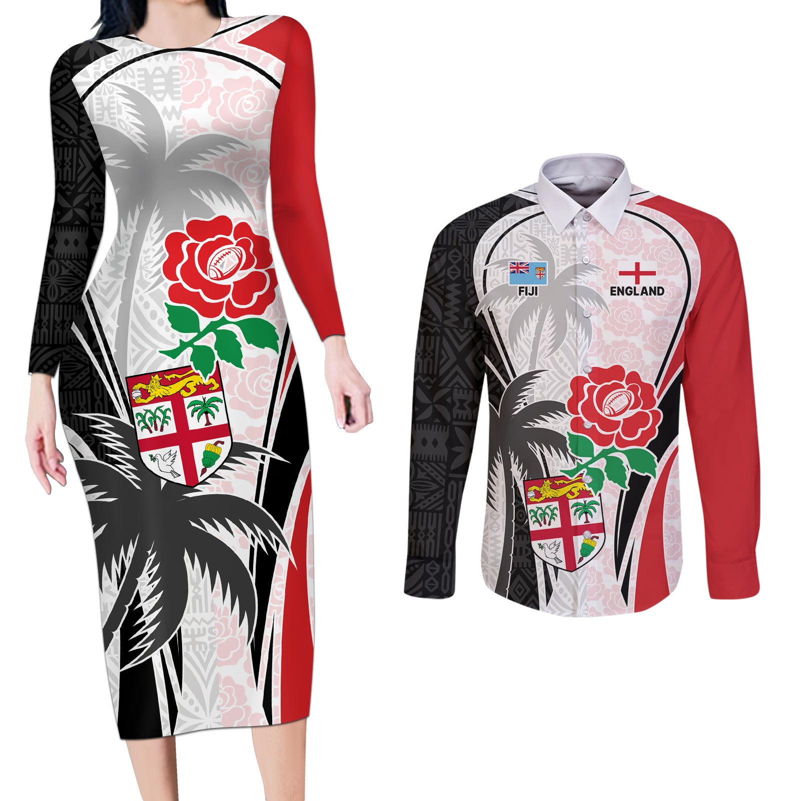 Custom Fiji England Rugby Couples Matching Long Sleeve Bodycon Dress and Long Sleeve Button Shirts Tapa Pattern and Rose Flower World Cup 2023 LT9 White - Polynesian Pride