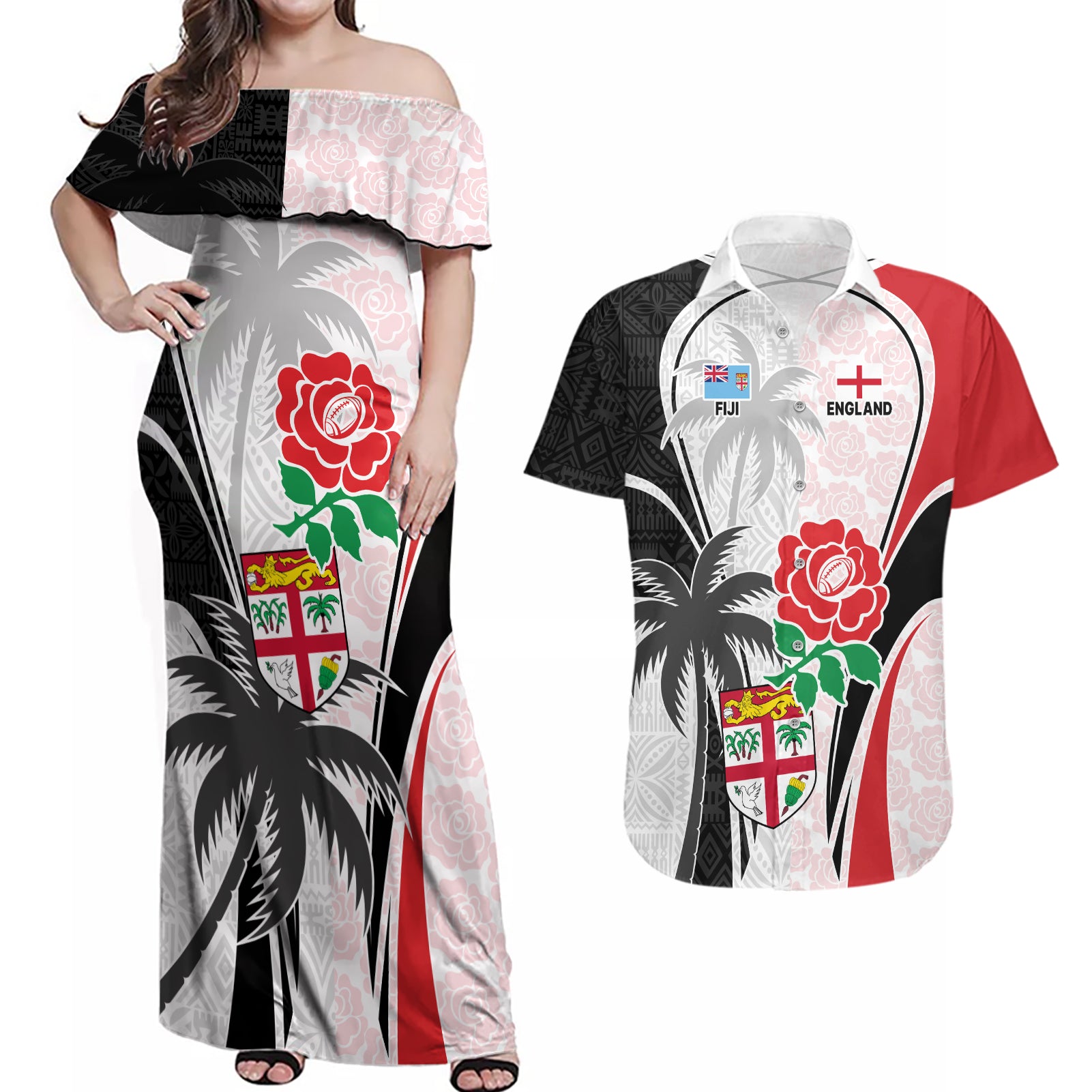 Custom Fiji England Rugby Couples Matching Off Shoulder Maxi Dress and Hawaiian Shirt Tapa Pattern and Rose Flower World Cup 2023 LT9 White - Polynesian Pride