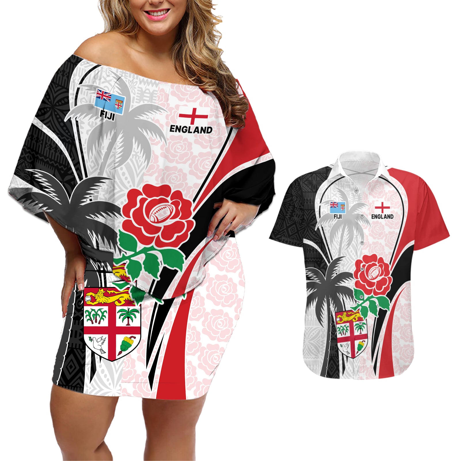 Custom Fiji England Rugby Couples Matching Off Shoulder Short Dress and Hawaiian Shirt Tapa Pattern and Rose Flower World Cup 2023 LT9 White - Polynesian Pride