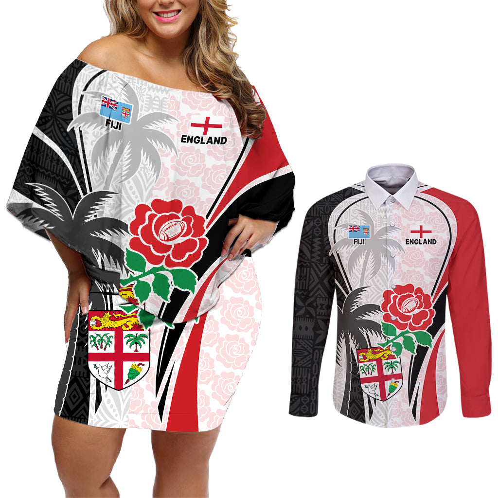 Custom Fiji England Rugby Couples Matching Off Shoulder Short Dress and Long Sleeve Button Shirts Tapa Pattern and Rose Flower World Cup 2023 LT9 White - Polynesian Pride