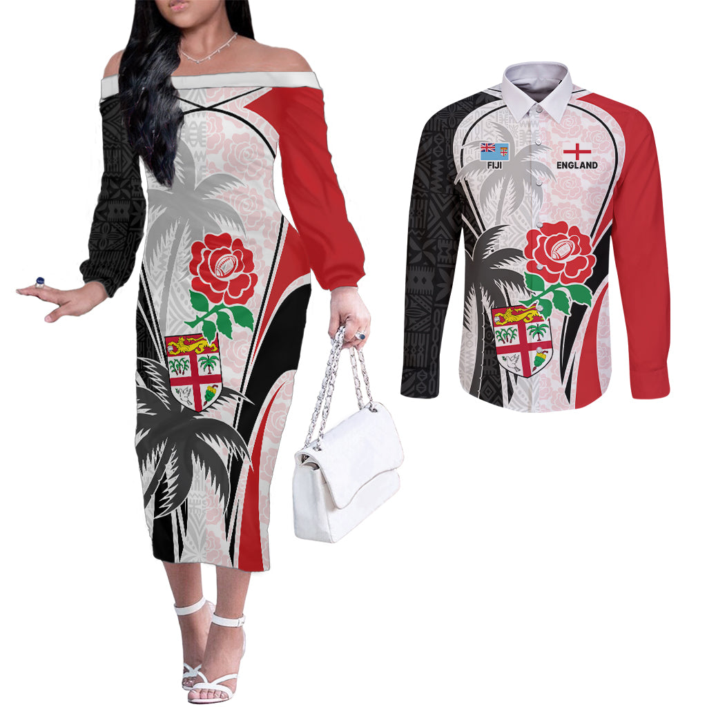 Custom Fiji England Rugby Couples Matching Off The Shoulder Long Sleeve Dress and Long Sleeve Button Shirts Tapa Pattern and Rose Flower World Cup 2023 LT9 White - Polynesian Pride