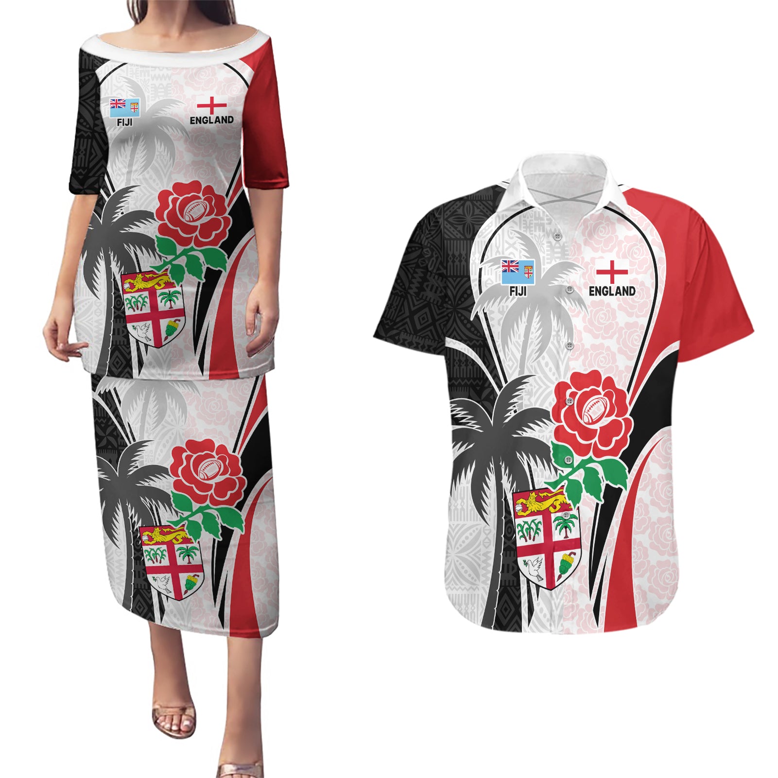 Custom Fiji England Rugby Couples Matching Puletasi Dress and Hawaiian Shirt Tapa Pattern and Rose Flower World Cup 2023 LT9 White - Polynesian Pride