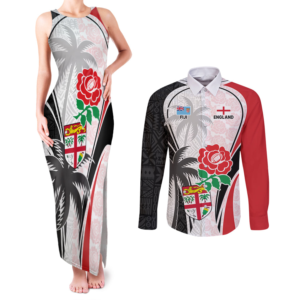 Custom Fiji England Rugby Couples Matching Tank Maxi Dress and Long Sleeve Button Shirts Tapa Pattern and Rose Flower World Cup 2023 LT9 White - Polynesian Pride