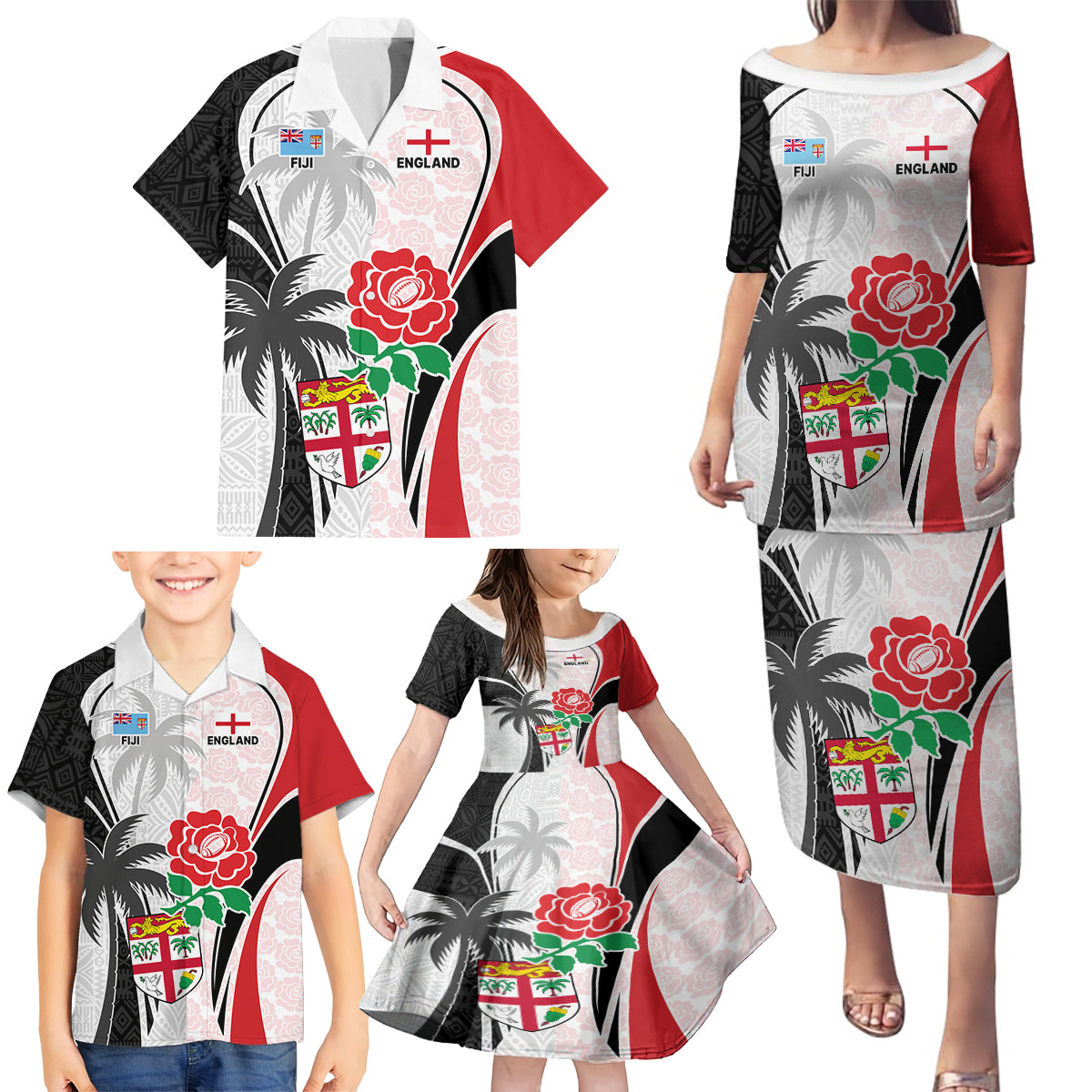 Custom Fiji England Rugby Family Matching Puletasi Dress and Hawaiian Shirt Tapa Pattern and Rose Flower World Cup 2023 LT9 - Polynesian Pride