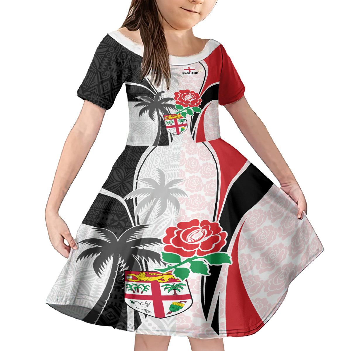 Custom Fiji England Rugby Kid Short Sleeve Dress Tapa Pattern and Rose Flower World Cup 2023 LT9 KID White - Polynesian Pride