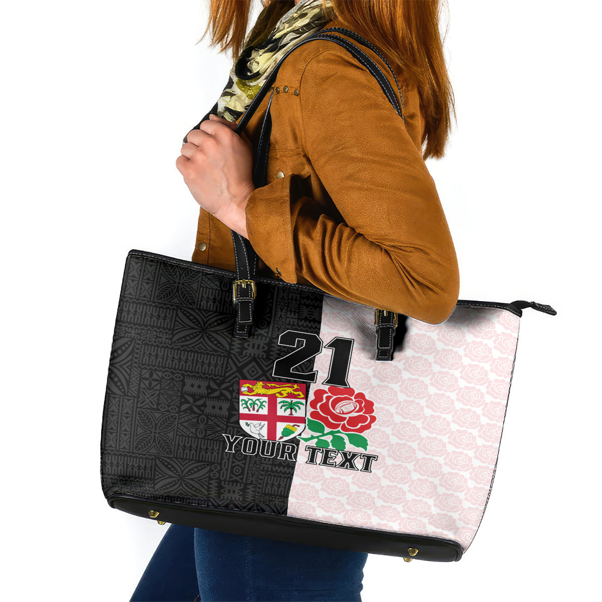 Custom Fiji England Rugby Leather Tote Bag Tapa Pattern and Rose Flower World Cup 2023 LT9 White - Polynesian Pride