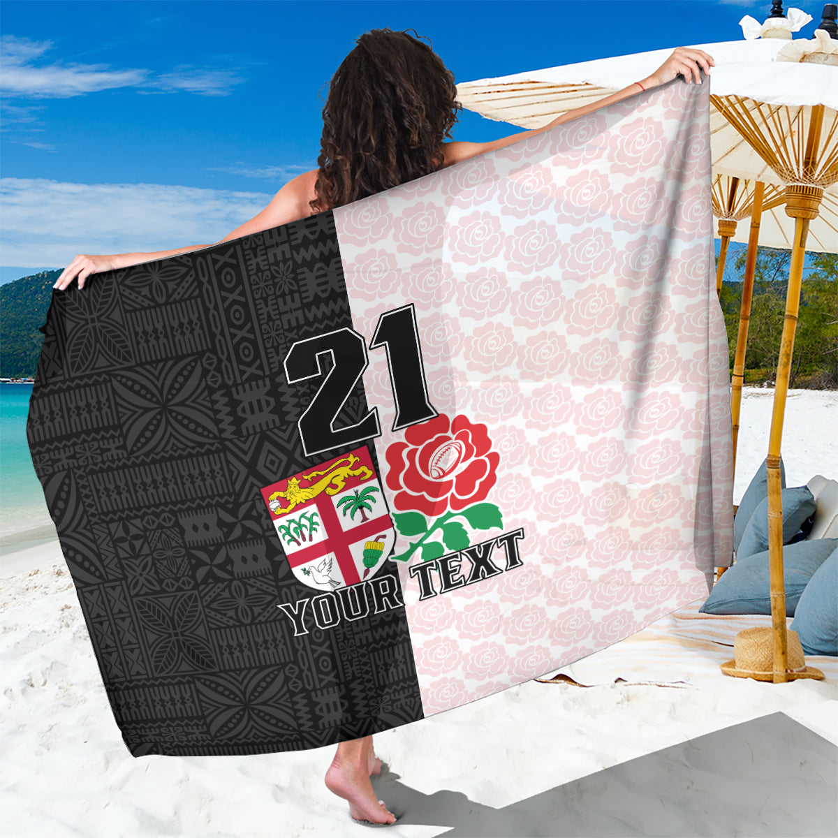 Custom Fiji England Rugby Sarong Tapa Pattern and Rose Flower World Cup 2023 LT9 One Size 44 x 66 inches White - Polynesian Pride