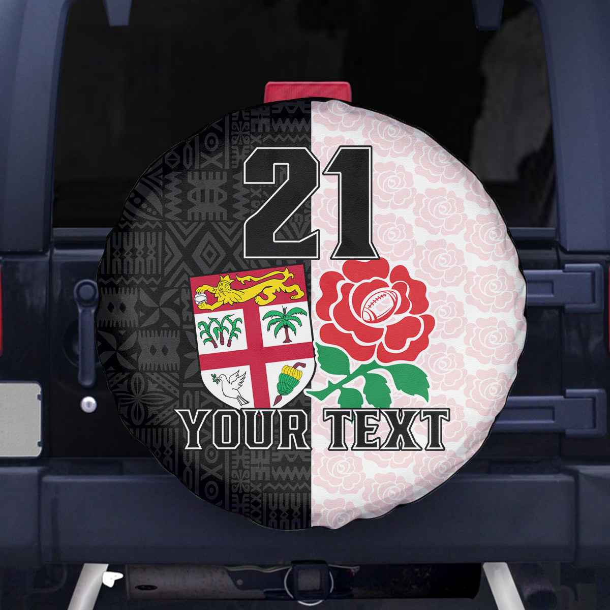 Custom Fiji England Rugby Spare Tire Cover Tapa Pattern and Rose Flower World Cup 2023 LT9 White - Polynesian Pride