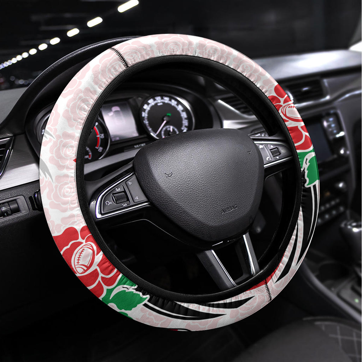 Fiji England Rugby Steering Wheel Cover Tapa Pattern and Rose Flower World Cup 2023 LT9 Universal Fit White - Polynesian Pride