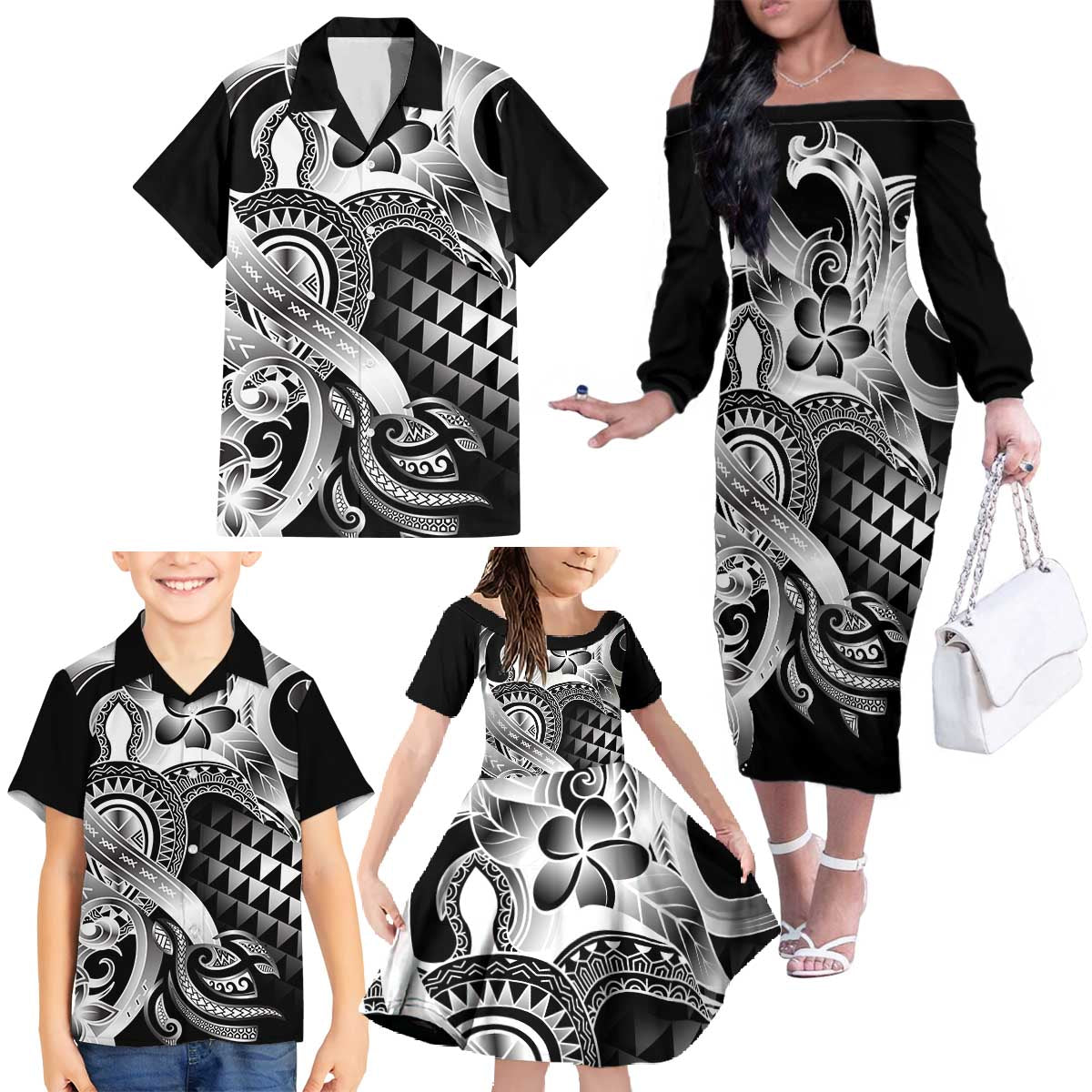 Aloha Black Tribal Honu Tattoo Family Matching Off The Shoulder Long Sleeve Dress and Hawaiian Shirt