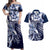 Aloha Blue Tribal Honu Tattoo Couples Matching Off Shoulder Maxi Dress and Hawaiian Shirt