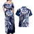 Aloha Blue Tribal Honu Tattoo Couples Matching Off Shoulder Maxi Dress and Hawaiian Shirt