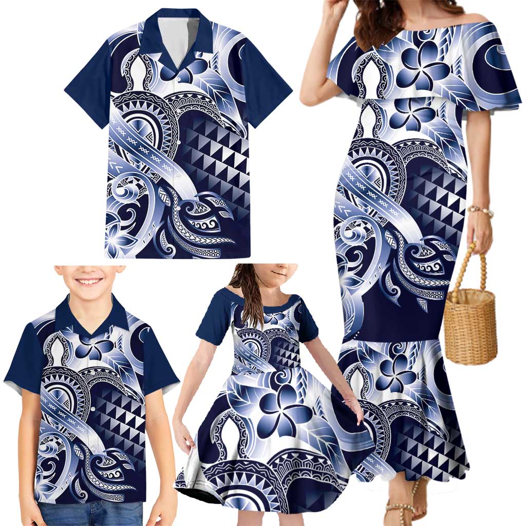 Aloha Blue Tribal Honu Tattoo Family Matching Mermaid Dress and Hawaiian Shirt