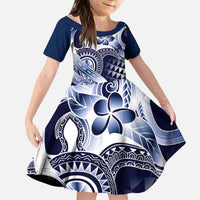 Aloha Blue Tribal Honu Tattoo Kid Short Sleeve Dress LT9 KID Blue - Polynesian Pride