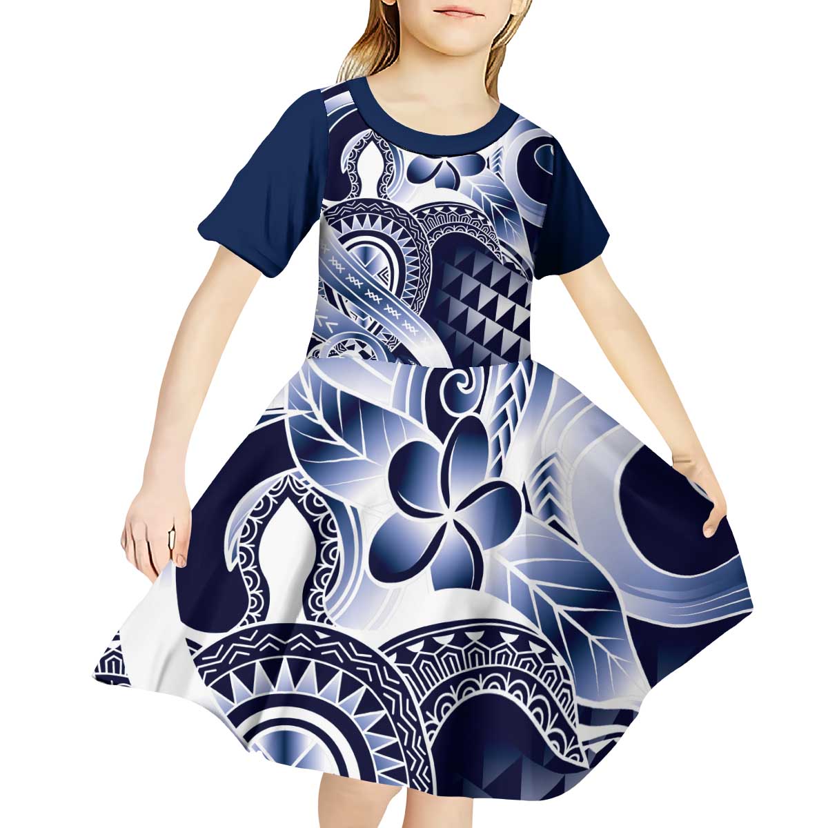 Aloha Blue Tribal Honu Tattoo Kid Short Sleeve Dress LT9 - Polynesian Pride