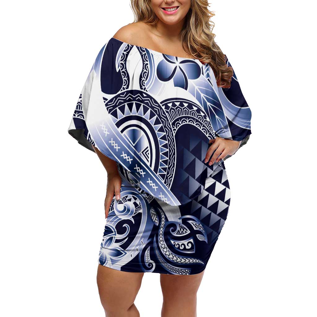 Aloha Blue Tribal Honu Tattoo Off Shoulder Short Dress LT9 Women Blue - Polynesian Pride