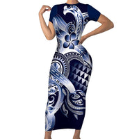 Aloha Blue Tribal Honu Tattoo Short Sleeve Bodycon Dress LT9 Long Dress Blue - Polynesian Pride