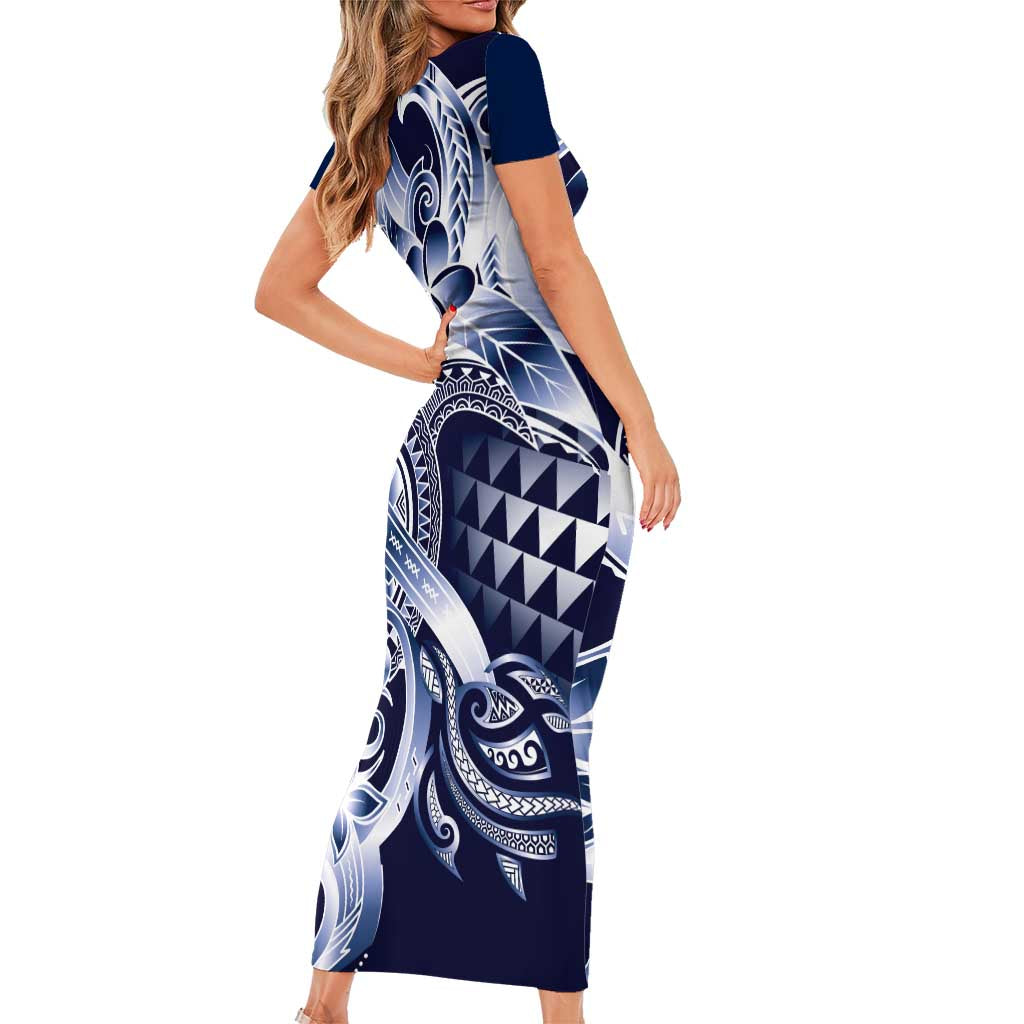 Aloha Blue Tribal Honu Tattoo Short Sleeve Bodycon Dress LT9 - Polynesian Pride