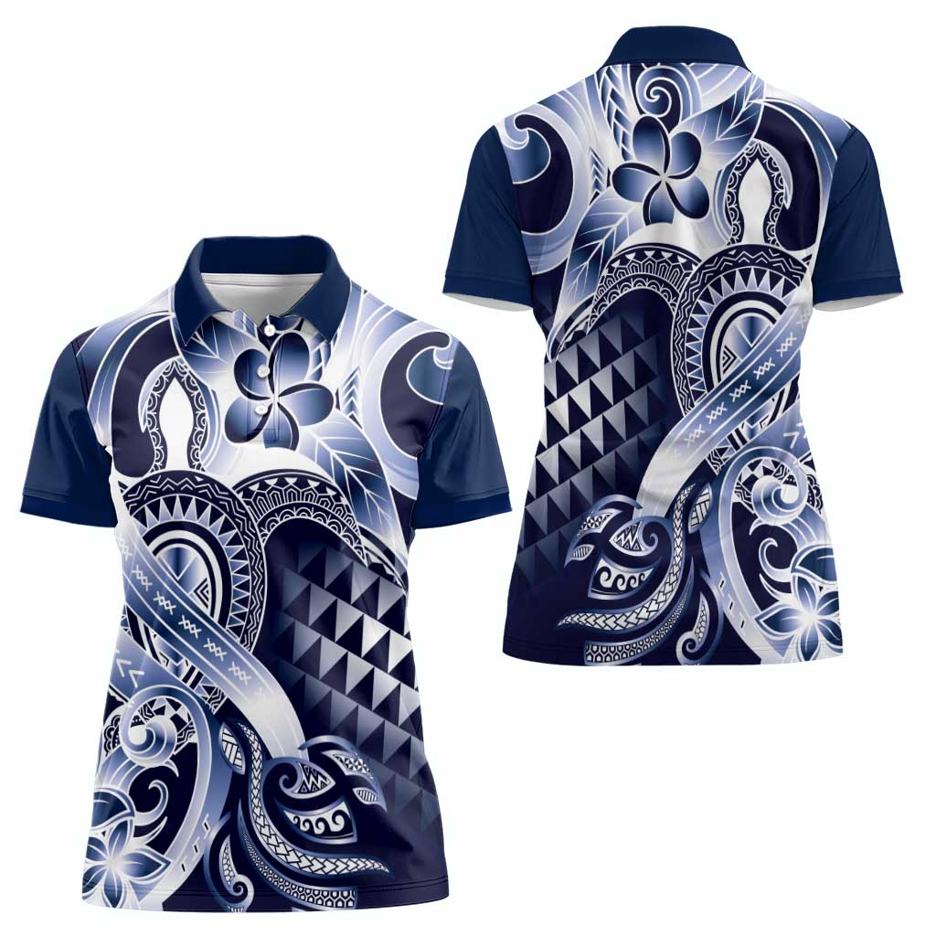 Aloha Blue Tribal Honu Tattoo Women Polo Shirt LT9 - Polynesian Pride