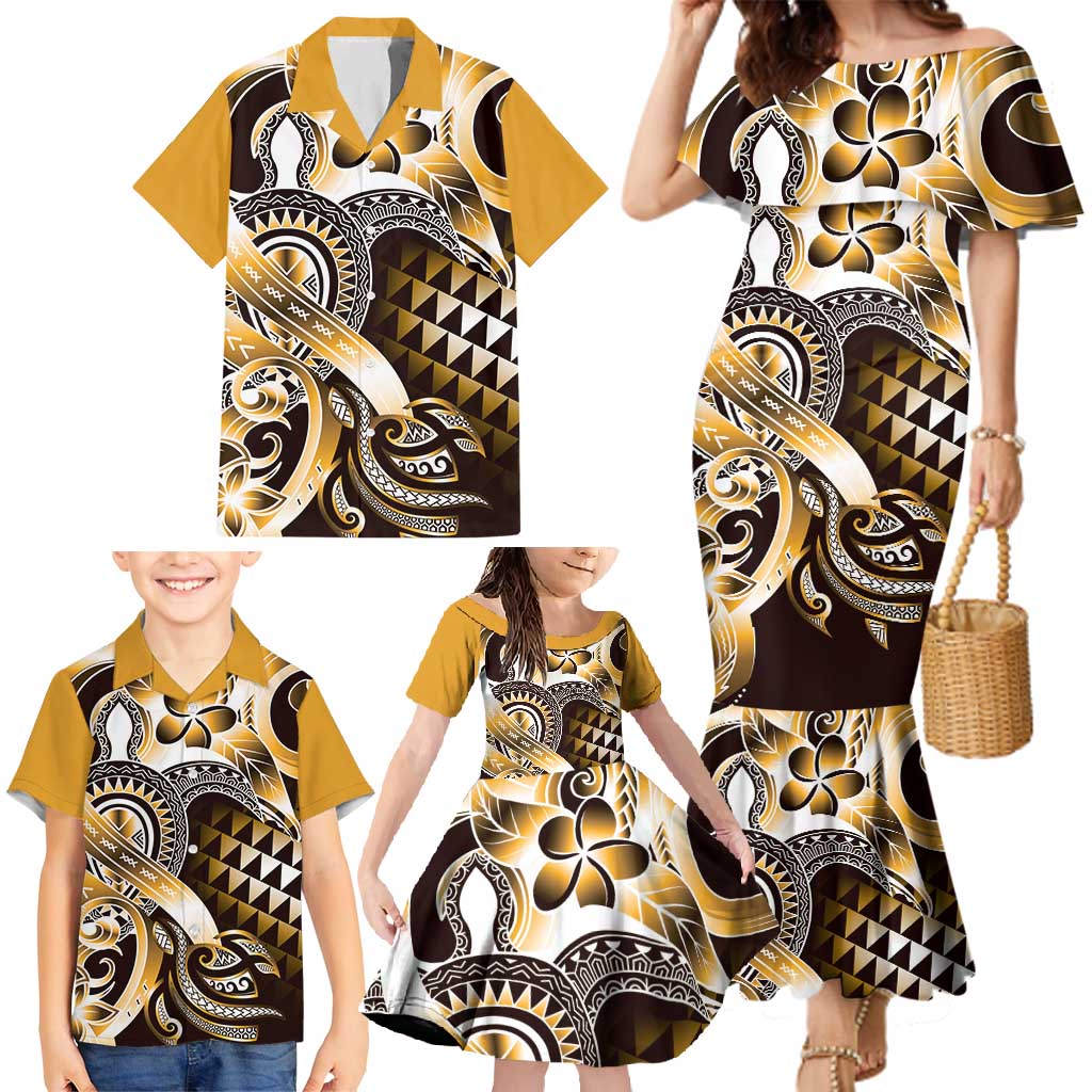 Aloha Gold Tribal Honu Tattoo Family Matching Mermaid Dress and Hawaiian Shirt