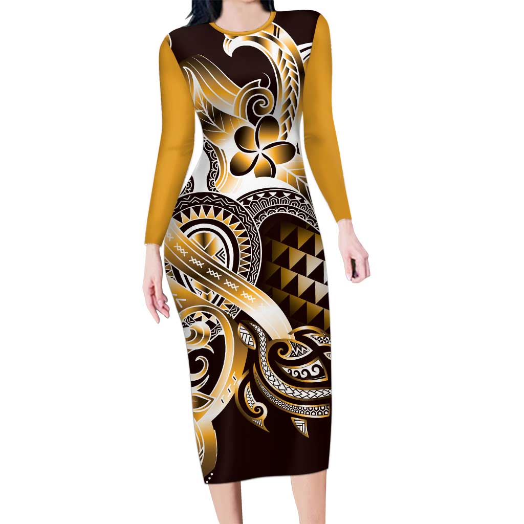 Aloha Gold Tribal Honu Tattoo Long Sleeve Bodycon Dress LT9 Long Dress Gold - Polynesian Pride
