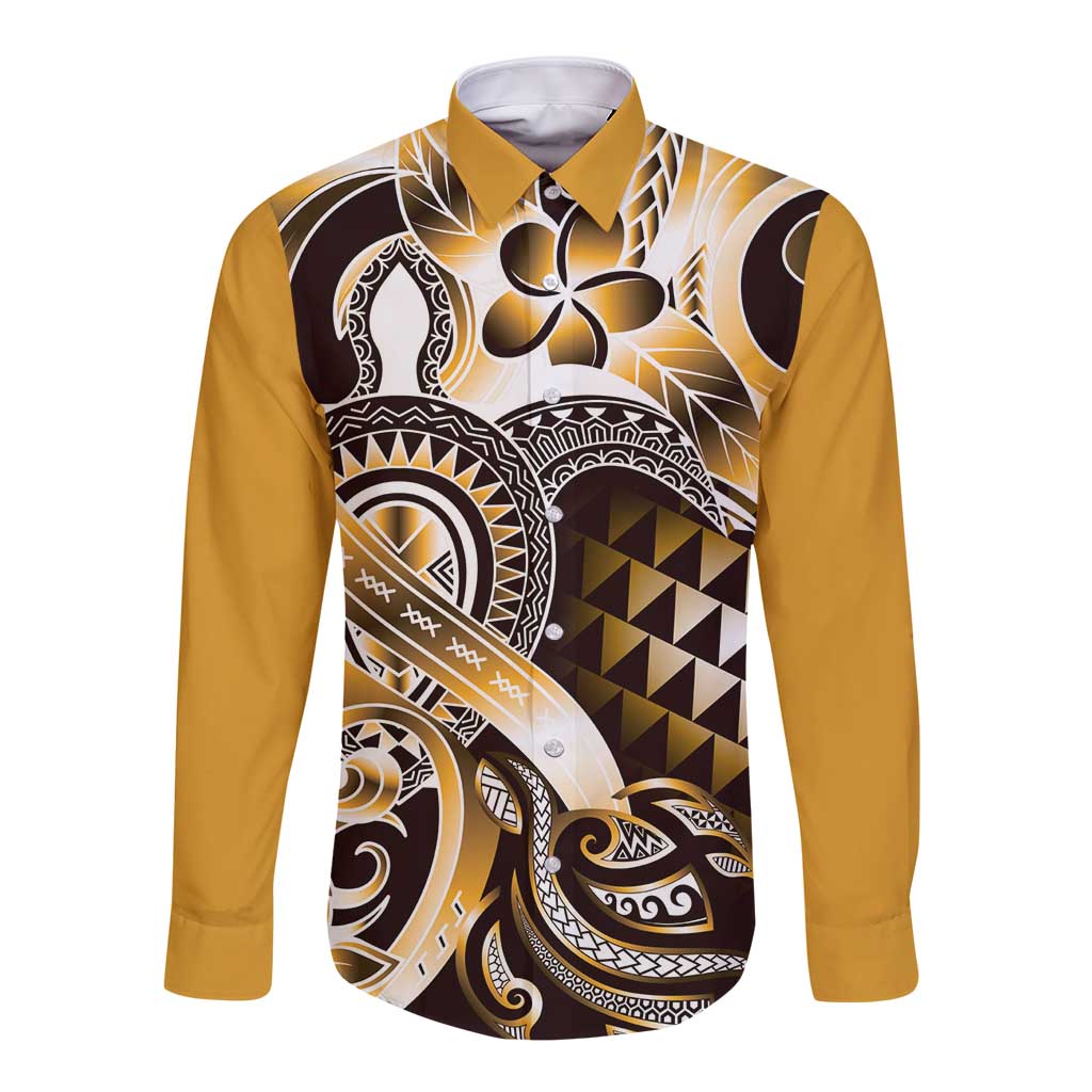 Aloha Gold Tribal Honu Tattoo Long Sleeve Button Shirt LT9 Unisex Gold - Polynesian Pride