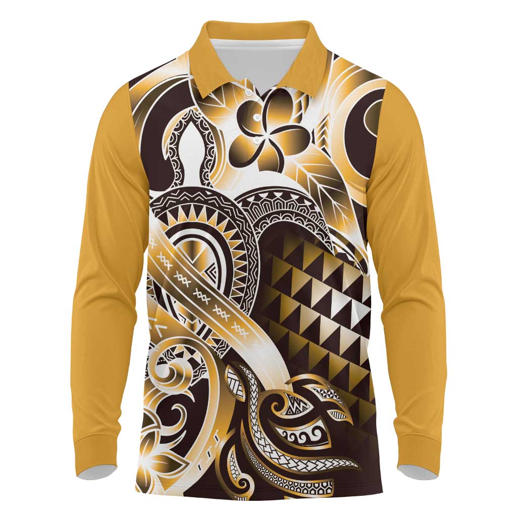 Aloha Gold Tribal Honu Tattoo Long Sleeve Polo Shirt LT9 Gold - Polynesian Pride