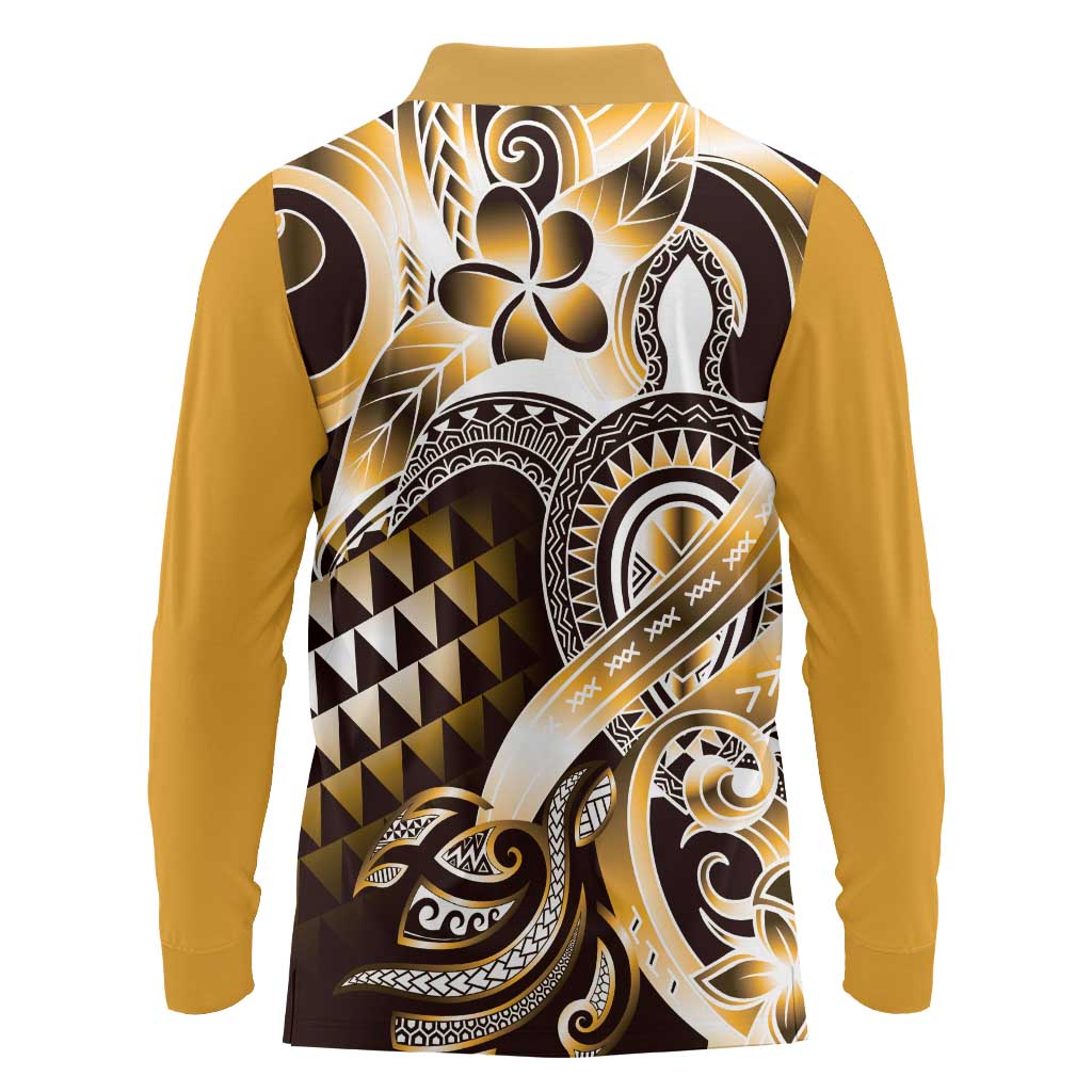 Aloha Gold Tribal Honu Tattoo Long Sleeve Polo Shirt LT9 - Polynesian Pride