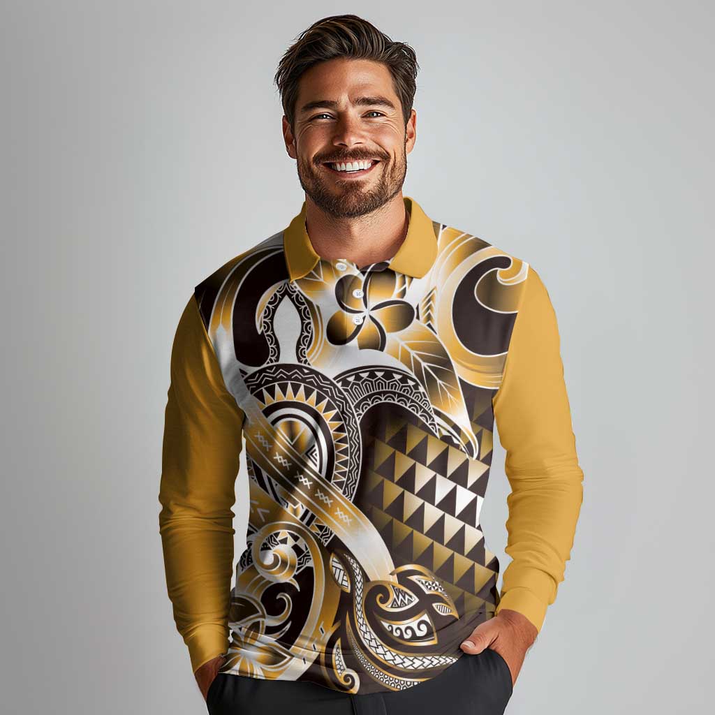 Aloha Gold Tribal Honu Tattoo Long Sleeve Polo Shirt LT9 - Polynesian Pride
