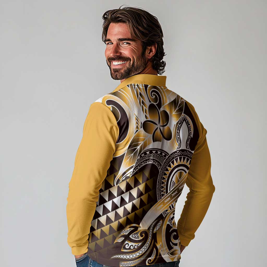 Aloha Gold Tribal Honu Tattoo Long Sleeve Polo Shirt LT9 - Polynesian Pride