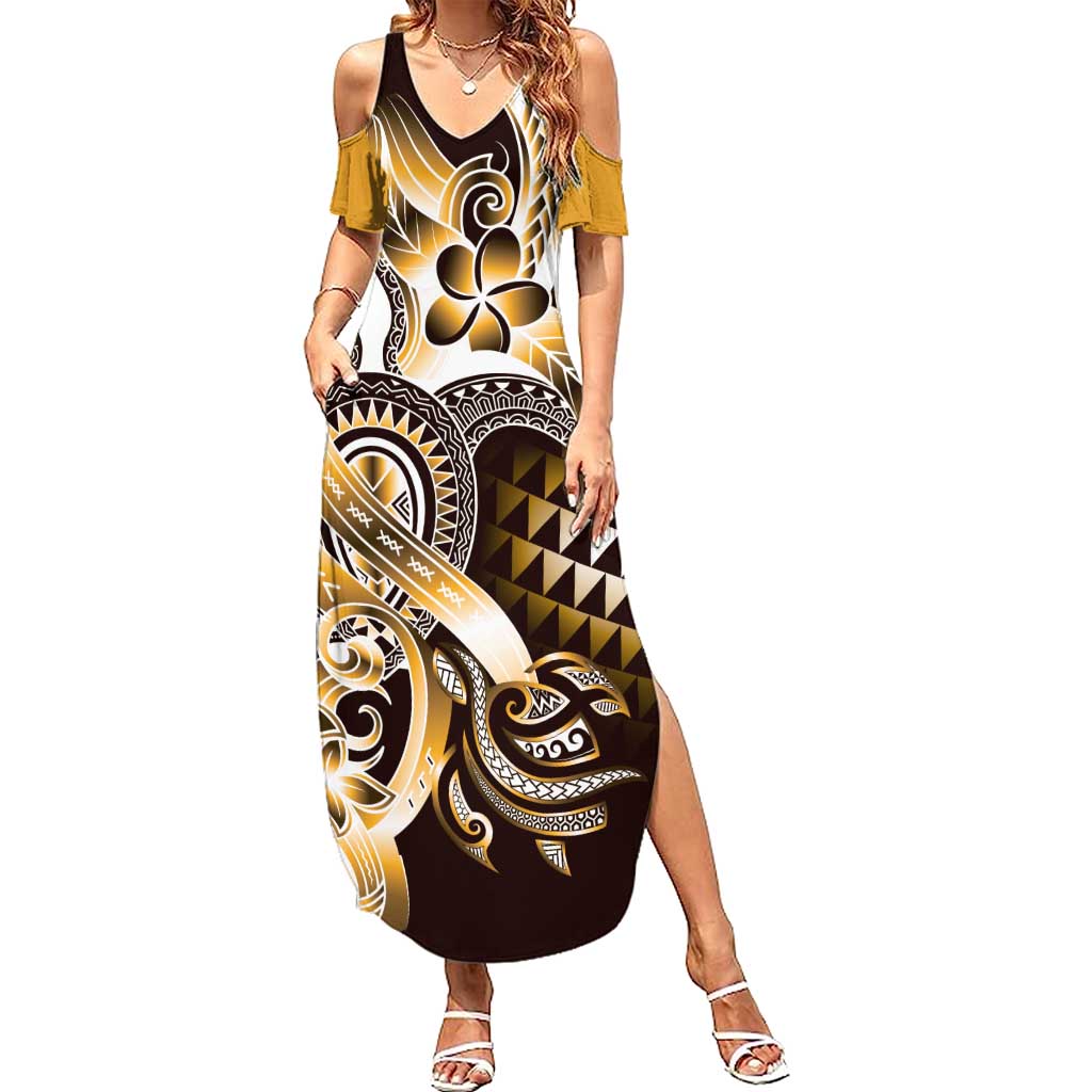 Aloha Gold Tribal Honu Tattoo Summer Maxi Dress LT9 Women Gold - Polynesian Pride