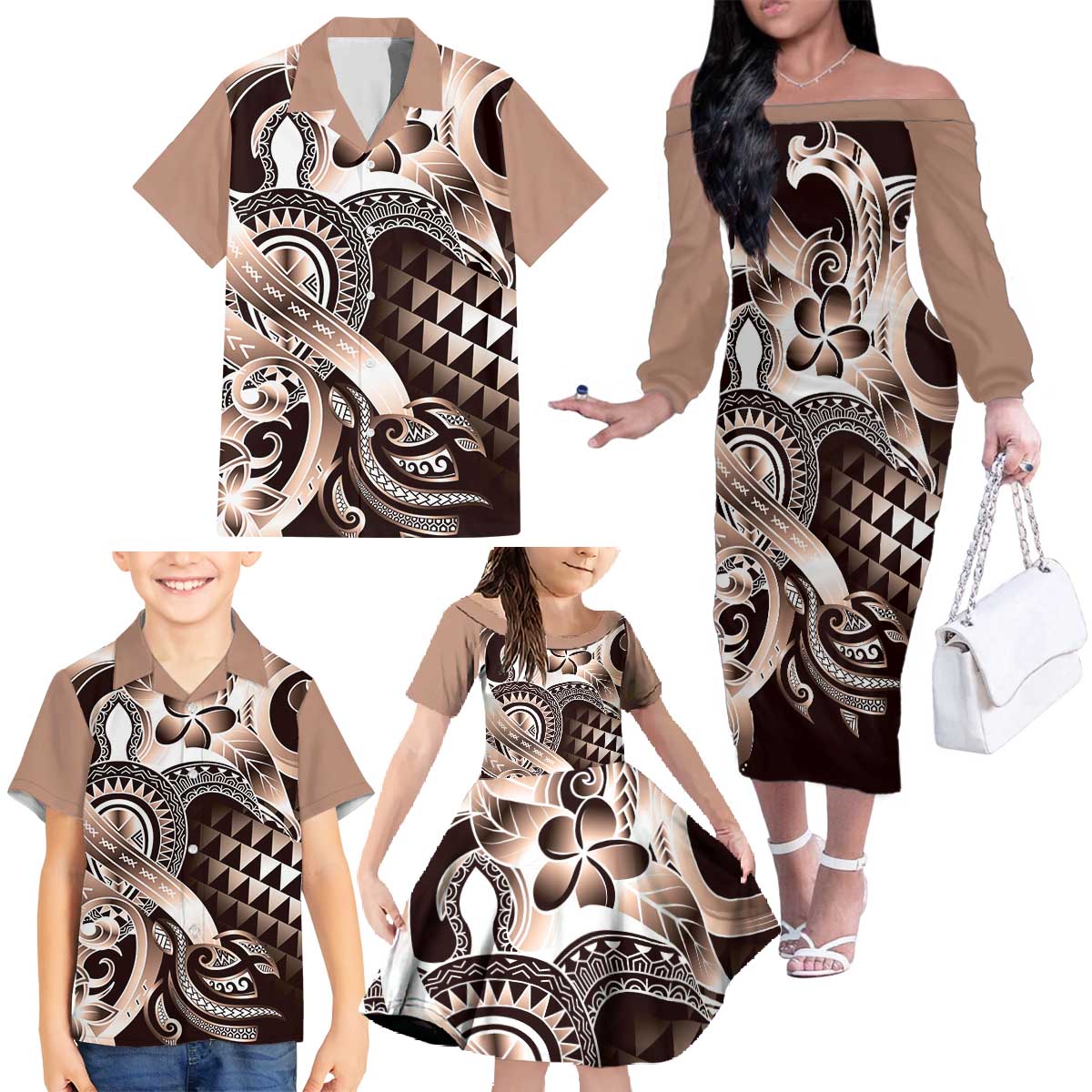 Aloha Mocha Mousse Tribal Honu Tattoo Family Matching Off The Shoulder Long Sleeve Dress and Hawaiian Shirt