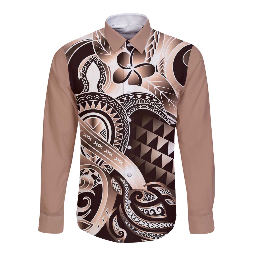 Aloha Mocha Mousse Tribal Honu Tattoo Long Sleeve Button Shirt LT9 Unisex Mocha Mousse - Polynesian Pride